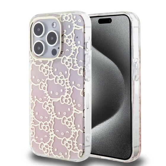 iPhone 15 Pro Kılıf Hello Kitty Orj Lisanslı Renk Geçişli Elektroplating Kaplama Kitty Head Pembe