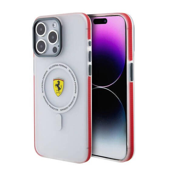 iPhone 15 Pro Max Kılıf Ferrari Orj Lisanslı Magsafe Özellikli Kontrast Bumper SF Ring Kırmızı