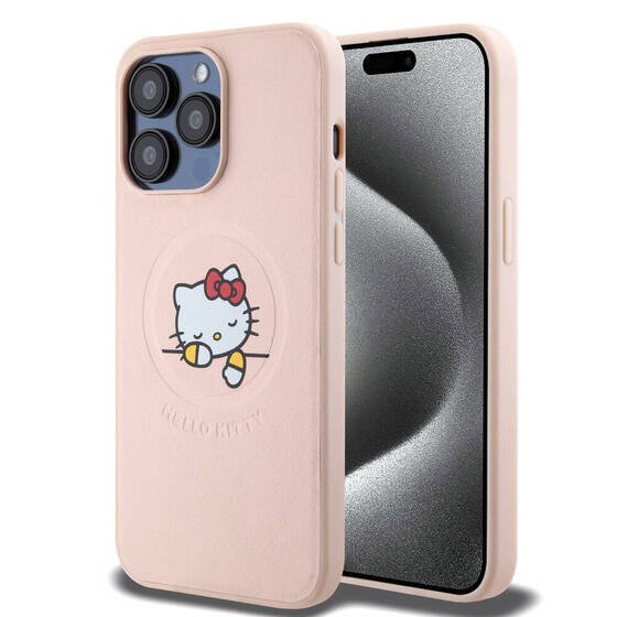 iPhone 15 Pro Max Kılıf Hello Kitty Orj Lisans Magsafe Özellik Baskı Logolu Uyuyan Kitty Deri Pembe