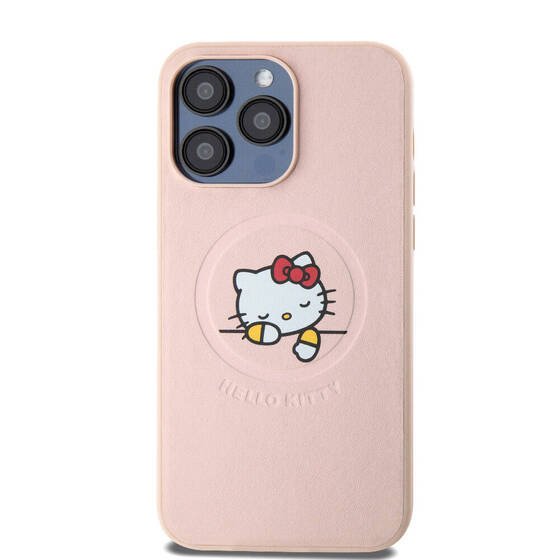 iPhone 15 Pro Max Kılıf Hello Kitty Orj Lisans Magsafe Özellik Baskı Logolu Uyuyan Kitty Deri Pembe