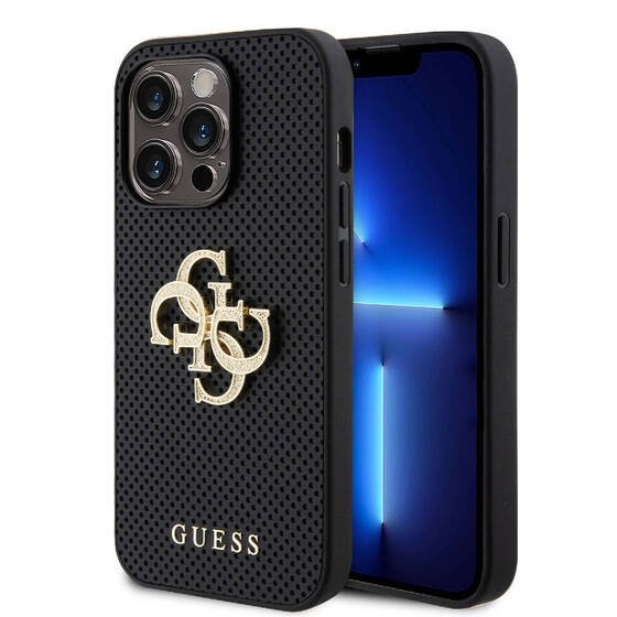 iPhone 15 Pro Max Uyumlu Kılıf Guess Orjinal Lisanslı Delikli 4G Glitter Büyük Metal Logolu Siyah