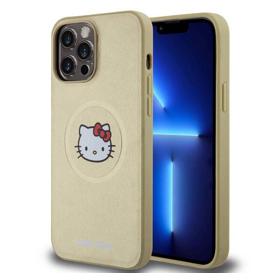 iPhone 15 Pro Max Uyumlu Kılıf Hello Kitty Orj Lisanslı Magsafe Şarj Özellikli Kitty Head Deri Gold