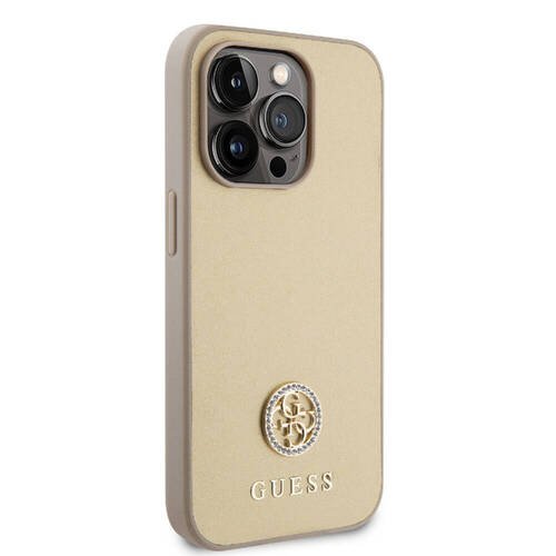 iPhone 15 Pro Uyumlu Kılıf Guess Orjinal Lisanslı Deri 4G Metal Logo Strass Kapak Gold