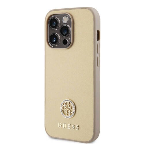 iPhone 15 Pro Uyumlu Kılıf Guess Orjinal Lisanslı Deri 4G Metal Logo Strass Kapak Gold