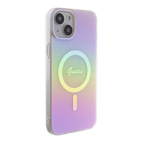 iPhone 15 Plus Uyumlu Kılıf Guess Orjinal Lisanslı Magsafe Şarj Özellik Yazı Logolu Iridescent Pembe