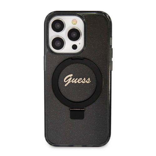 iPhone 15 Pro Uyumlu Kılıf Guess Orjinal Lisanslı Magsafe Özellikli Simli Ring Standlı Siyah