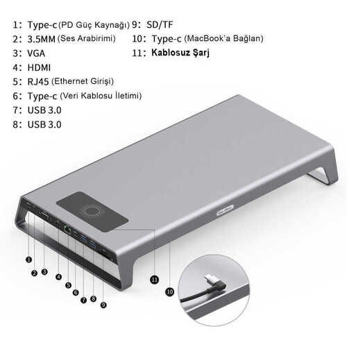 Go Des GD-9128 Type-C Hub Laptop Standı & Kablosuz Şarj USB-C Docking Station MacBook Stand