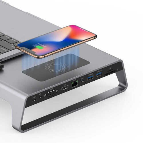 Go Des GD-9128 Type-C Hub Laptop Standı & Kablosuz Şarj USB-C Docking Station MacBook Stand