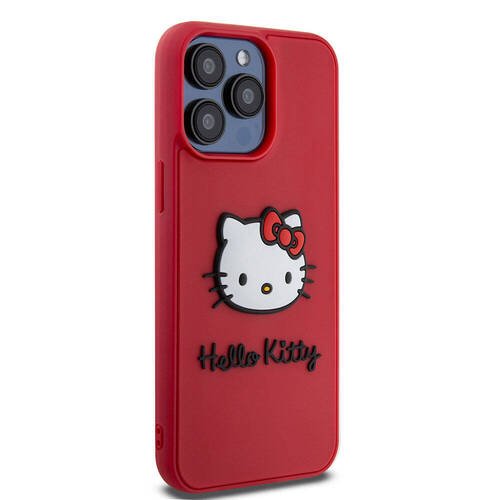 iPhone 15 Pro Uyumlu Kılıf Hello Kitty Orjinal Lisanslı İkonik Logolu 3D Rubber Kitty Head Kırmızı