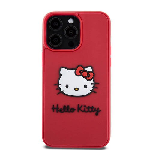 iPhone 15 Pro Uyumlu Kılıf Hello Kitty Orjinal Lisanslı İkonik Logolu 3D Rubber Kitty Head Kırmızı