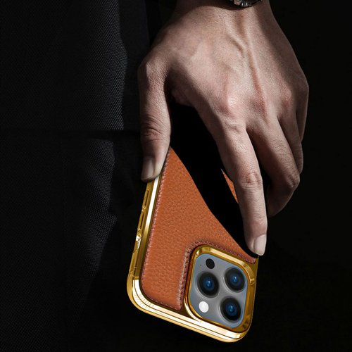 iPhone 13 Mini Uyumlu Kılıf Wiwu Genuine Leather Gold Calfskin Orjinal Deri Kapak