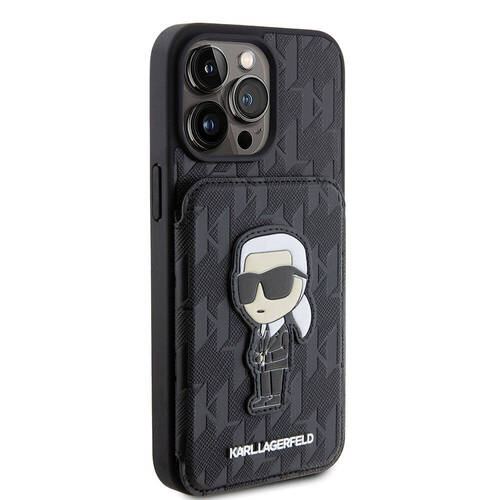 iPhone 15 Pro Kılıf Karl Lagerfeld Standlı Kartlıklı Saffiano Monogram İkonik Logo Lisanslı Siyah