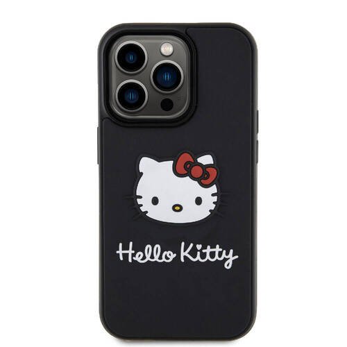 iPhone 15 Pro Uyumlu Kılıf Hello Kitty Orjinal Lisanslı İkonik Logolu 3D Rubber Kitty Head Siyah