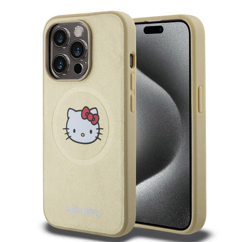 iPhone 15 Pro Uyumlu Kılıf Hello Kitty Orjinal Lisanslı Magsafe Şarj Özellikli Kitty Head Deri Gold