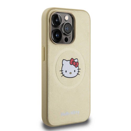 iPhone 15 Pro Uyumlu Kılıf Hello Kitty Orjinal Lisanslı Magsafe Şarj Özellikli Kitty Head Deri Gold