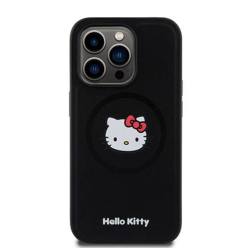 iPhone 15 Pro Uyumlu Kılıf Hello Kitty Orjinal Lisanslı Magsafe Şarj Özellikli Kitty Head Deri Siyah