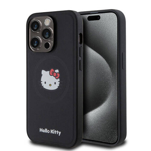 iPhone 15 Pro Uyumlu Kılıf Hello Kitty Orjinal Lisanslı Magsafe Şarj Özellikli Kitty Head Deri Siyah