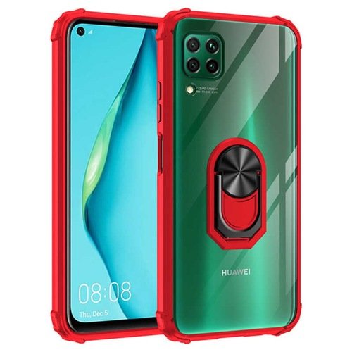 Huawei P40 Lite Kenarları Renkli Anti Şok Şeffaf Yüzüklü Kılıf