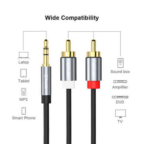 Qgeem QG-AU09 3.5mm to RCA Audio Kablo 5 metre / Aux to 2 x RCA Erkek (Analog) Ses Kablosu Hi-Fi