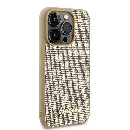 iPhone 15 Pro Max Uyumlu Kılıf Guess Orjinal Lisanslı Yazı Logolu Disco Script Metal Kapak Gold