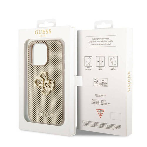 iPhone 15 Pro Uyumlu Kılıf Guess Orjinal Lisanslı Delikli Yazı ve 4G Glitter Büyük Metal Logo Gold