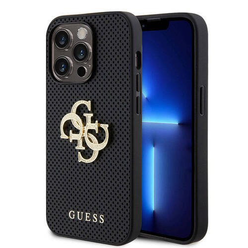 iPhone 15 Pro Uyumlu Kılıf Guess Orjinal Lisanslı Delikli Yazı ve 4G Glitter Büyük Metal Logo Siyah