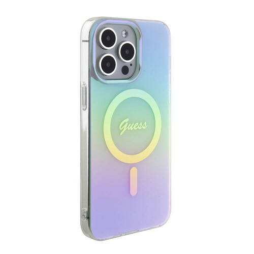 iPhone 15 Pro Uyumlu Kılıf Guess Orjinal Lisanslı Magsafe Şarj Özellik Yazı Logo Iridescent Turkuaz