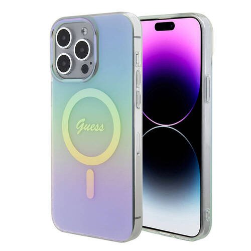 iPhone 15 Pro Uyumlu Kılıf Guess Orjinal Lisanslı Magsafe Şarj Özellik Yazı Logo Iridescent Turkuaz