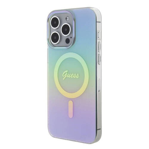 iPhone 15 Pro Uyumlu Kılıf Guess Orjinal Lisanslı Magsafe Şarj Özellik Yazı Logo Iridescent Turkuaz