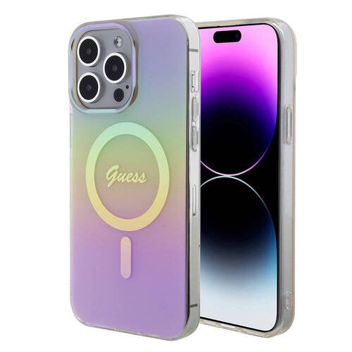 iPhone 15 Pro Uyumlu Kılıf Guess Orjinal Lisanslı Magsafe Şarj Özellik Yazı Logolu Iridescent Pembe