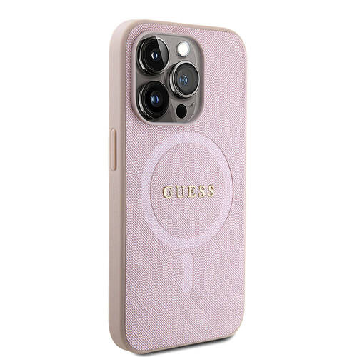 iPhone 15 Pro Uyumlu Kılıf Guess Orjinal Lisanslı Magsafe Şarj Özellikli Yazı Logolu Saffiano Pembe