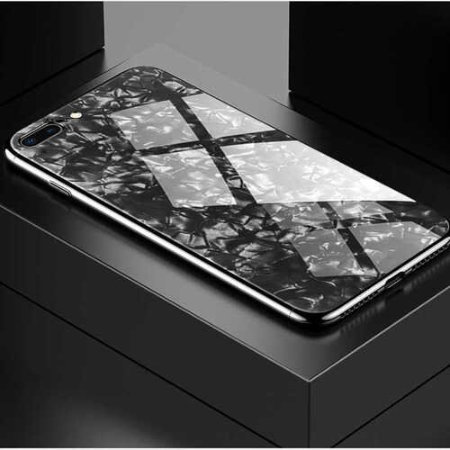 iPhone 8 Plus Yüzeyi Mermer Desenli Cam Kenarları Silikon Kılıf