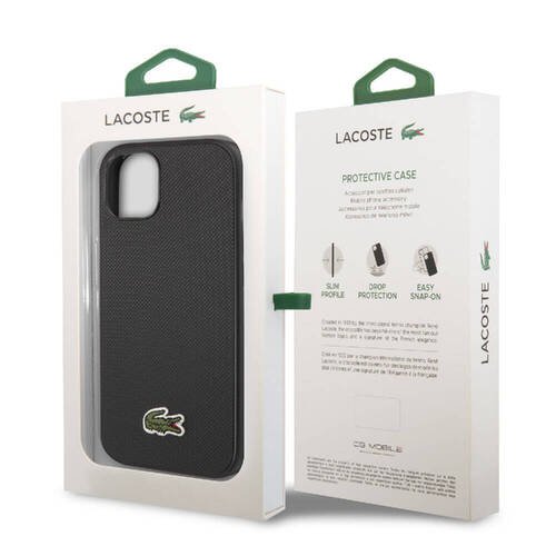 iPhone 14 Kılıf Lacoste Orjinal Lisanslı PU Pike Desenli İkonik Timsah Dokuma Logo Siyah