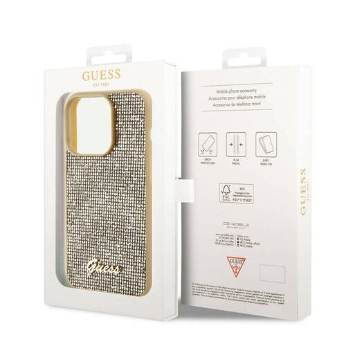 iPhone 15 Pro Uyumlu Kılıf Guess Orjinal Lisanslı Yazı Logolu Disco Script Metal Kapak Gold