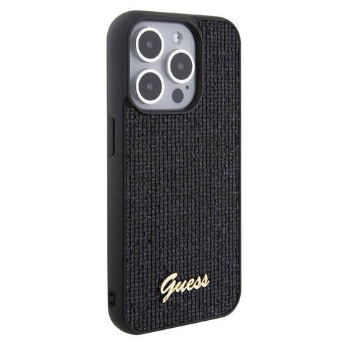 iPhone 15 Pro Uyumlu Kılıf Guess Orjinal Lisanslı Yazı Logolu Disco Script Metal Kapak Siyah