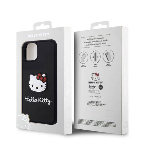 iPhone 15 Kılıf Hello Kitty Orjinal Lisanslı Yazı ve İkonik Logolu 3D Rubber Kitty Head Kapak Siyah