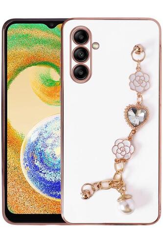 Galaxy A04S Kılıf Kalpli Çiçekli Bileklik Zincirli Kamera Korumalı Kenarları Gold Renk, Silikon