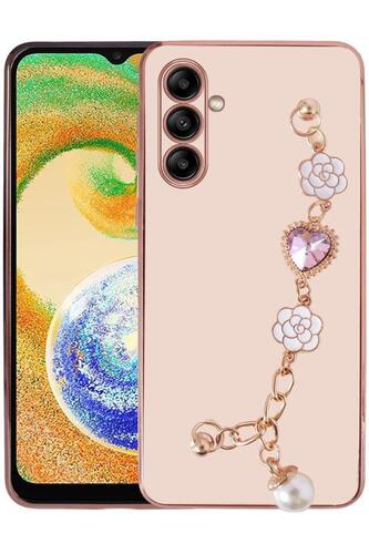 Galaxy A04S Kılıf Kalpli Çiçekli Bileklik Zincirli Kamera Korumalı Kenarları Gold Renk, Silikon