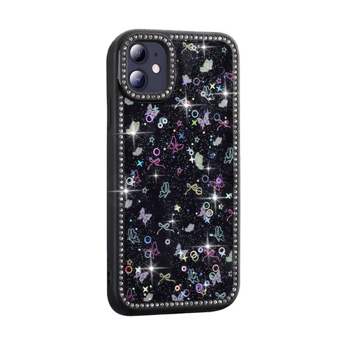 iPhone 11 Kılıf Taşlı ve Simli Işıltılı Kelebek Kapak