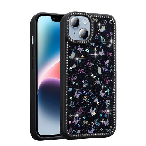 iPhone 13 Kılıf Taşlı ve Simli Işıltılı Kelebek Kapak
