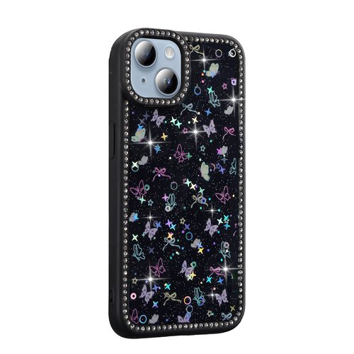 iPhone 13 Kılıf Taşlı ve Simli Işıltılı Kelebek Kapak