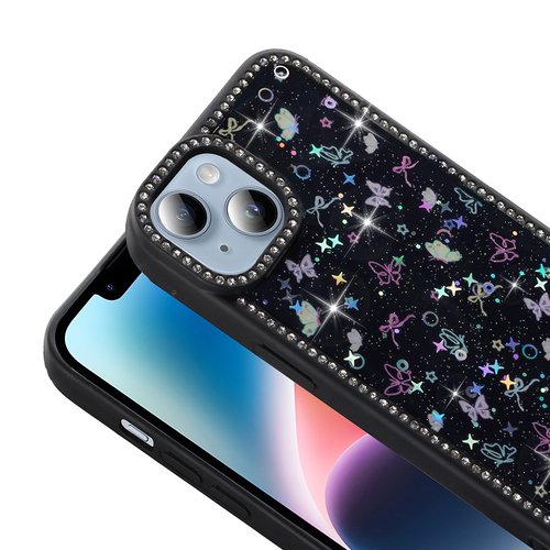 iPhone 13 Kılıf Taşlı ve Simli Işıltılı Kelebek Kapak