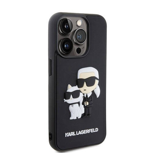 iPhone 15 Pro Uyumlu Kılıf Karl Lagerfeld Silikon 3D K&C Logo Orjinal Lisanslı Kapak Siyah