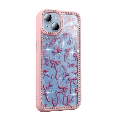 iPhone 14 Kılıf Taşlı ve Simli Işıltılı Kelebek Kapak