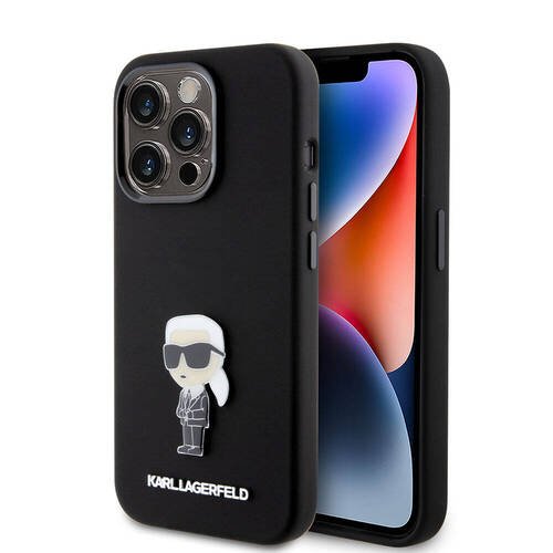 iPhone 15 Pro Uyumlu Kılıf Karl Lagerfeld Silikon İkonik Metal Logo Orjinal Lisanslı Kapak Siyah