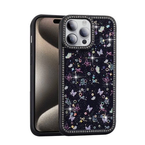 iPhone 14 Pro Max Kılıf Taşlı ve Simli Işıltılı Kelebek Kapak
