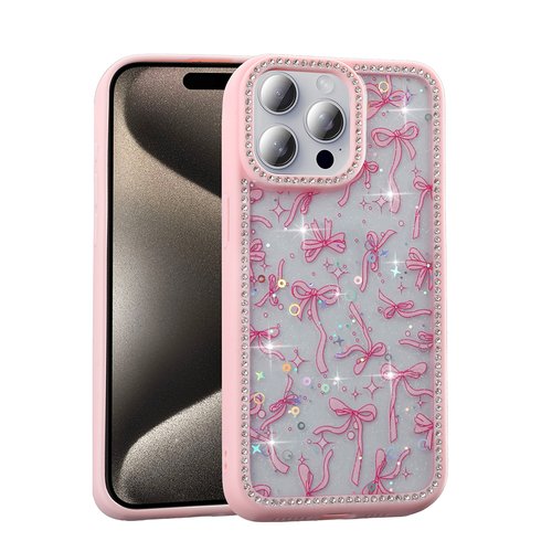 iPhone 15 Pro Kılıf Taşlı ve Simli Işıltılı Kelebek Kapak