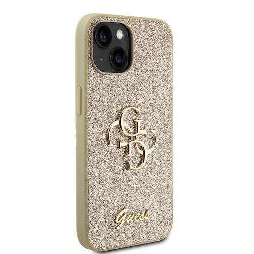 iPhone 15 Uyumlu Kılıf Guess Orjinal Lisanslı 4G Büyük Metal Logolu Glitter Kapak Gold