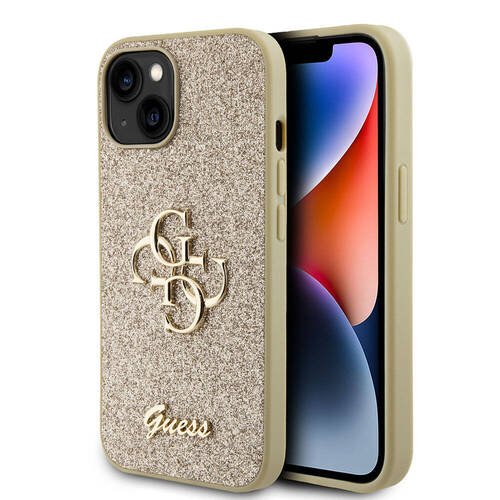 iPhone 15 Uyumlu Kılıf Guess Orjinal Lisanslı 4G Büyük Metal Logolu Glitter Kapak Gold