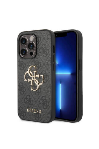 iPhone 14 Pro Uyumlu Kılıf Guess PU Deri Büyük Metal Logo Dizaynlı Kapak Gri